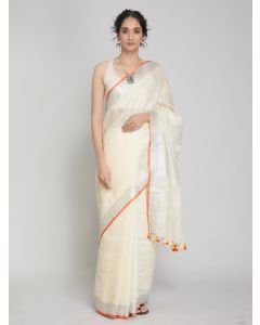 Off White Zari Linen Saree