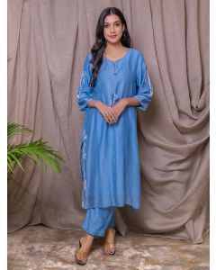 Blue Embroidered Chanderi Silk Kurta with Pants - Set of 2