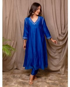 Blue Embroidered Chanderi Silk Kurta with Pants - Set of 2