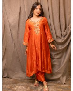 Orange Embroidered Chanderi Silk Kurta with Pants - Set of 2