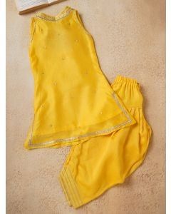 Yellow Lace Work Chanderi Kurta with Dhoti Pants- Set of 2