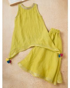 Lime Green Lace Work Chanderi Kurta with Palazzo- Set of 2