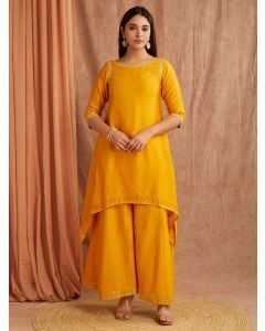 Mustard Yellow Embroidered Chanderi Silk Kurta with Palazzo- Set of 2