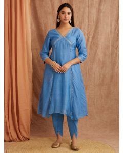Blue Embroidered Chanderi Silk Kurta with Pants- Set of 2