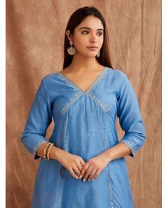 Blue Embroidered Chanderi Silk Kurta with Pants- Set of 2
