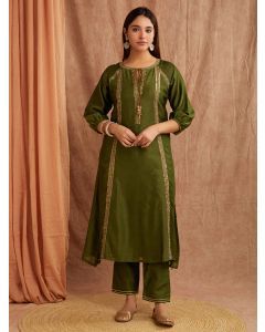 Olive Green Embroidered Chanderi Silk Kurta with Pants- Set of 2