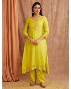 Lime Green Embroidered Chanderi Silk Kurta with Pants- Set of 2