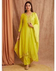 Lime Green Embroidered Chanderi Silk Suit- Set of 3