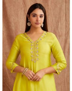 Lime Green Embroidered Chanderi Silk Suit- Set of 3