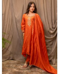 Orange Embroidered Chanderi Silk Suit - Set of 3