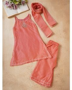 Orange Embroidered Chanderi Suit- Set of 3