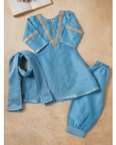 Sky Blue Lace Work Chanderi Suit- Set of 3