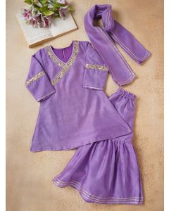 Lilac Lace Work Chanderi Suit- Set of 3