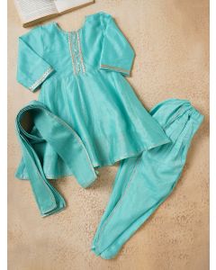 Blue Lace Work Chanderi Suit- Set of 3