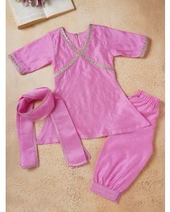 Pink Lace Work Chanderi Suit- Set of 3