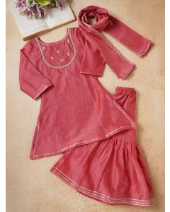 Red Embroidered Chanderi Suit- Set of 3