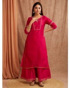 Magenta Bead Work Chanderi Silk Kurta with Palazzo- Set of 2