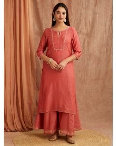Red Bead Work Chanderi Silk Kurta with Palazzo- Set of 2