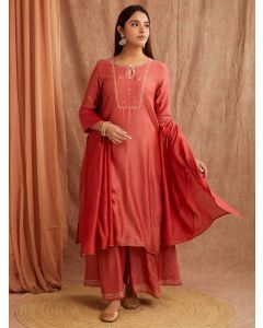 Red Bead Work Chanderi Silk Suit- Set of 3