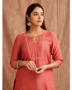 Red Bead Work Chanderi Silk Kurta with Palazzo- Set of 2