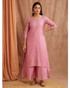 Pink Embroidered Chanderi Silk Kurta with Palazzo- Set of 2