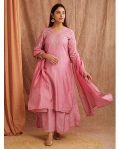 Pink Embroidered Chanderi Silk Suit- Set of 3