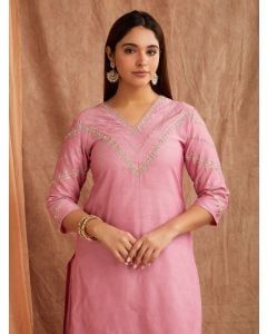 Pink Embroidered Chanderi Silk Suit- Set of 3