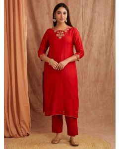 Red Bead Work Chanderi Silk Kurta with Pants- Set of 2