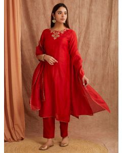 Red Bead Work Chanderi Silk Suit- Set of 3