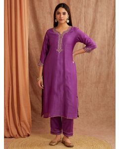 Purple Zari Embroidered Chanderi Silk Kurta with Pants- Set of 2
