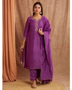 Purple Zari Embroidered Chanderi Silk Suit- Set of 3