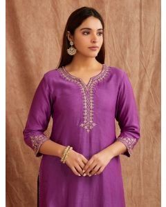 Purple Zari Embroidered Chanderi Silk Suit- Set of 3