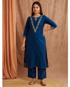 Royal Blue Embroidered Chanderi Silk Kurta with Pants- Set of 2