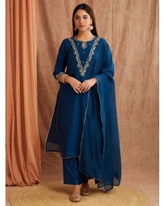 Royal Blue Embroidered Chanderi Silk Suit- Set of 3