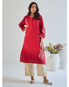 Red Hand Block Printed Cotton Linen Kurta with Pants - Set of 2