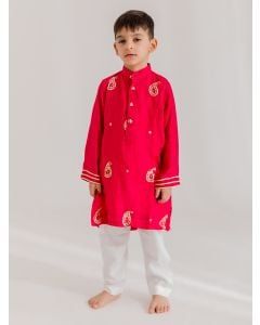 Pink Hand Embroidered Muslin Kurta with Pants- Set of 2