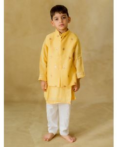 Yellow Muslin Kurta with Gota Patti Jacket and Pants- Set of 3