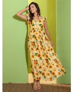 Yellow Printed Muslin Silk Dress