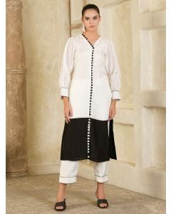 White Black Color Block Modal Kurta with Pants- Set of 2