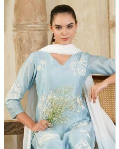 Sky Blue Hand Embroidered Chanderi Silk Suit- Set of 3