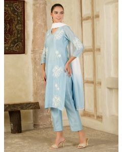 Sky Blue Hand Embroidered Chanderi Silk Suit- Set of 3
