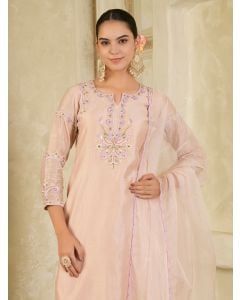 Beige Hand Embroidered Chanderi Silk Suit- Set of 3