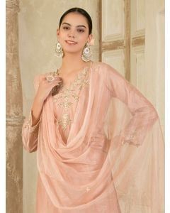 Old Rose Hand Embroidered Chanderi Suit- Set of 3