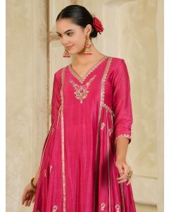 Fuchsia Hand Embroidered Chanderi Suit- Set of 3
