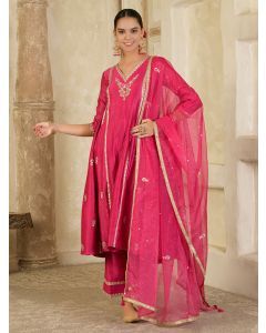 Fuchsia Hand Embroidered Chanderi Suit- Set of 3