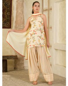 Cream Hand Embroidered Modal Printed Suit- Set of 3