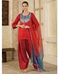 Maroon Hand Embroidered Modal Printed Suit- Set of 3