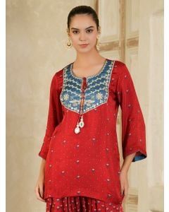 Maroon Hand Embroidered Modal Printed Suit- Set of 3
