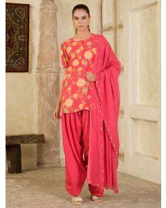 Pink Printed Cotton Suit- Set of 3
