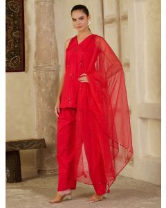 Red Embroidered Cotton Poplin Suit- Set of 3